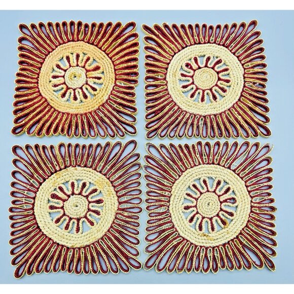 Rafia Woven Colorful Trivets Boho Style Decor Set of 4 1970s Red Square 7 inch - Picture 2 of 7